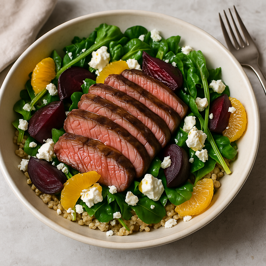 Steak with Quinoa and Beetroot Salad, Spring Greens, Feta and Citrus Dressing